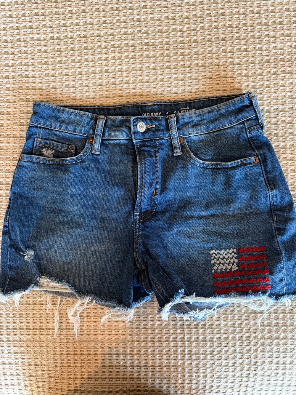 Old Navy Blue Distressed Denim Shorts with Flag Embroidery